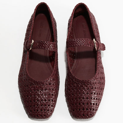 Elegant Burgundy Leather Mary Jane Flats for Women with Braided Design