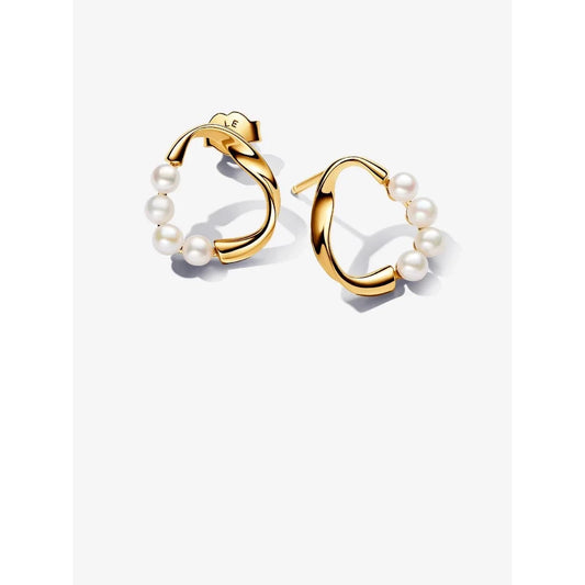 Pandora 14k Gold Plated Twisted Oval Freshwater Pearl Circle Stud Earrings