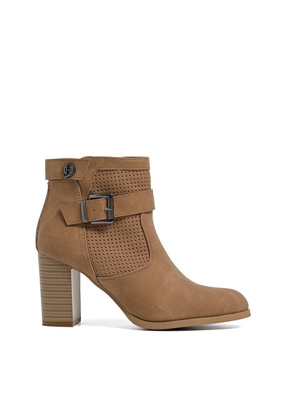 Women's Chunky Heel Ankle Boots with Perforated Suede Faux Leather