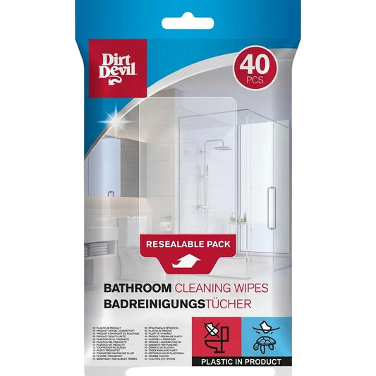 A package of Dirt Devil Bathroom Cleaning Wipes, 40 pieces, featuring a blue and white design with a red Dirt Devil logo, shown against a blurred bathroom background.