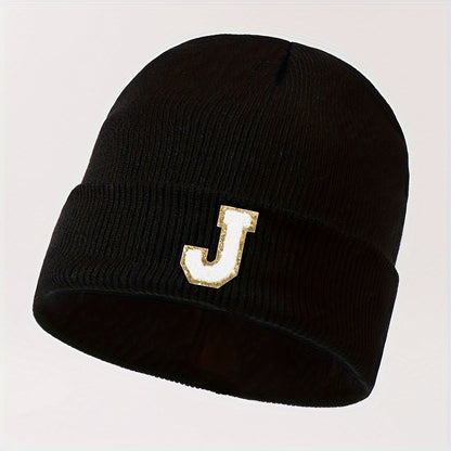 J Letter Black Winter Beanie Hat for Women & Teen Girls