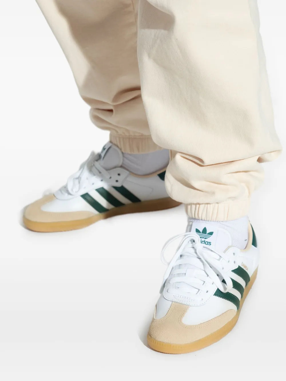 Adidas Samba Classic White Leather Sneakers with Green Stripes and Gum Sole