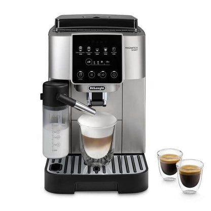 De'Longhi coffee machine with a cup of coffee and two glasses on a white background