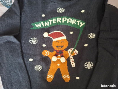 Cozy Gingerbread Man Christmas Sweater for Kids - Plush Pom-Poms, Navy 12 Year