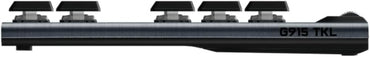 Black electronic keyboard with 'G915 TKL' branding on a white background