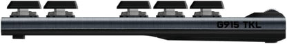 Black electronic keyboard with 'G915 TKL' branding on a white background