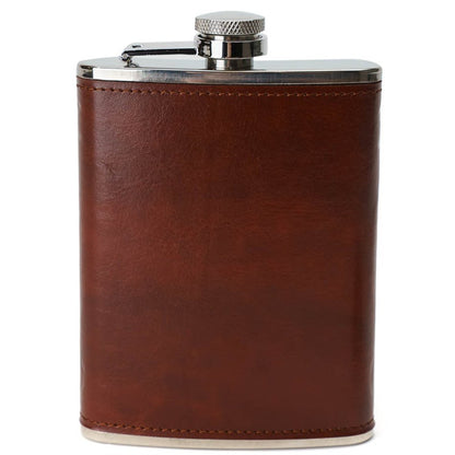Premium Brown Leather Wrapped Stainless Steel Hip Flask 235ml Durable Portable
