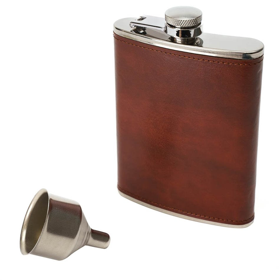 Premium Brown Leather Wrapped Stainless Steel Hip Flask 235ml Durable Portable