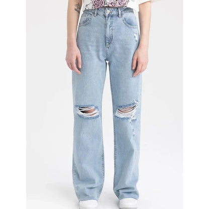 DeFacto Women's Regular Fit Ripped High Waist Blue Jeans - A3480AX-NM39