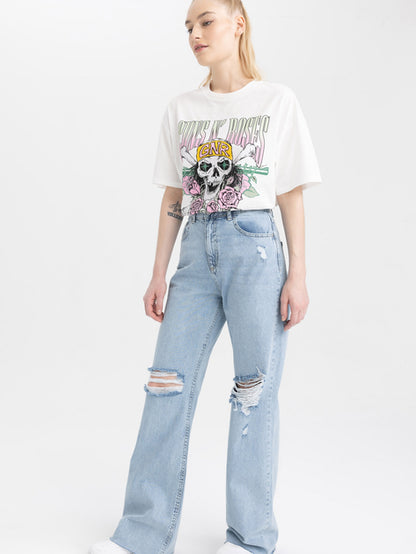 DeFacto Women's Regular Fit Ripped High Waist Blue Jeans - A3480AX-NM39