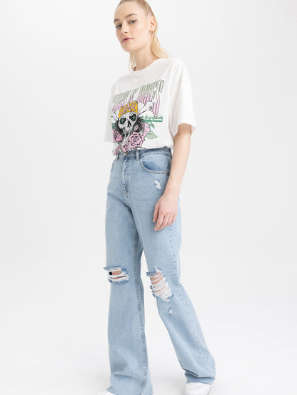 DeFacto Women's Regular Fit Ripped High Waist Blue Jeans - A3480AX-NM39