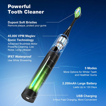 MCURO Sonic Electric Toothbrush: 45,000 VPM, 120-Day Rechargeable Battery, Black