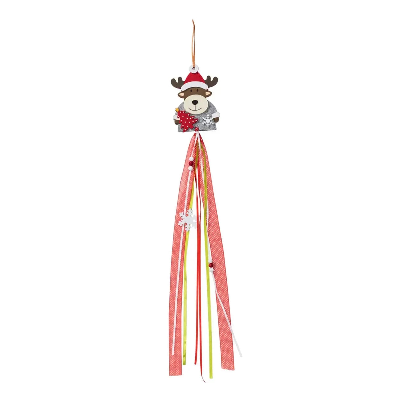 Decorative hanging ornament with a reindeer design and colorful ribbons on a white background