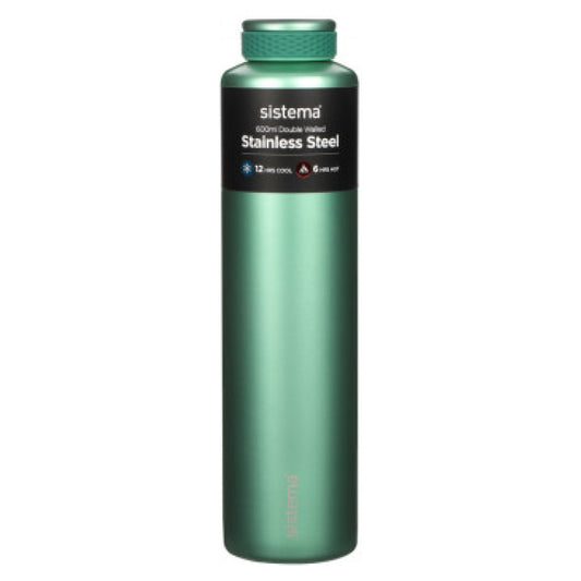 Green stainless steel water bottle with 'sistema' branding on a white background