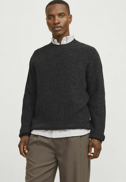 Jack & Jones PREMIUM Men's Dark Grey Melange Knit Crew Neck Jumper