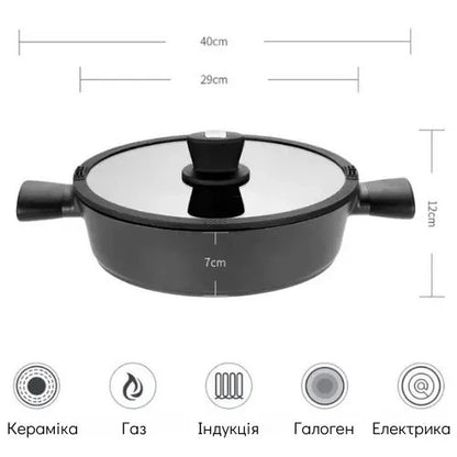 skylight Black frying pan with glass lid and measurement details on a white background