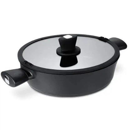 skylight Black cookware with a glass lid on a white background