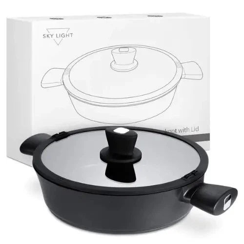 skylight Black cookware set with glass lid on a white background, featuring 'Sky Light' branding.