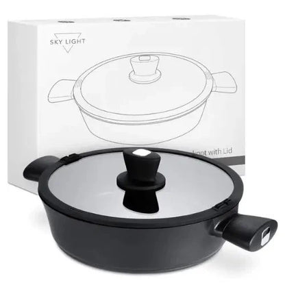 skylight Black cookware set with glass lid on a white background, featuring 'Sky Light' branding.