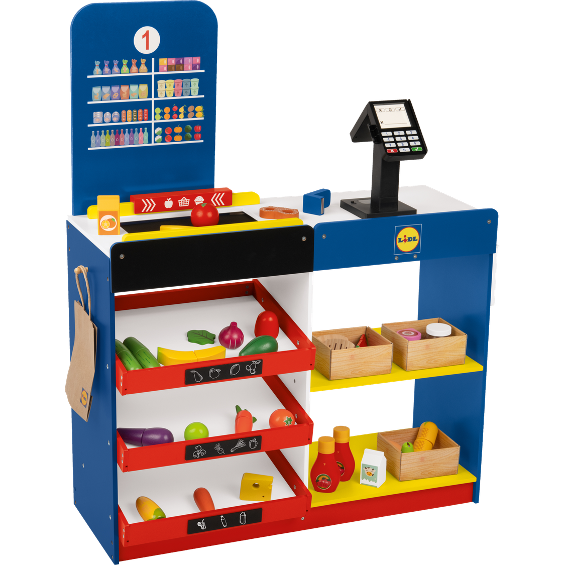 Playtive Deluxe Wooden Kids Supermarket Playset with Checkout, Groceries & Scanner