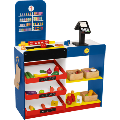 Playtive Deluxe Wooden Kids Supermarket Playset with Checkout, Groceries & Scanner