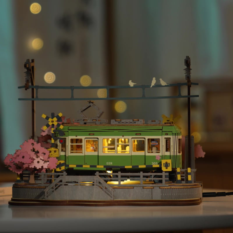 Enchanting Sakura Journey TGS02 Wooden 3D Tram Model Kit with LED Lights
