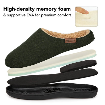 VeraCosy Men's Wool Felt Memory Foam Slippers with Fuzzy Sherpa Lining
