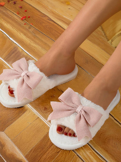 Cozy Bow Knot Plush White Open-Toe Slippers for Women