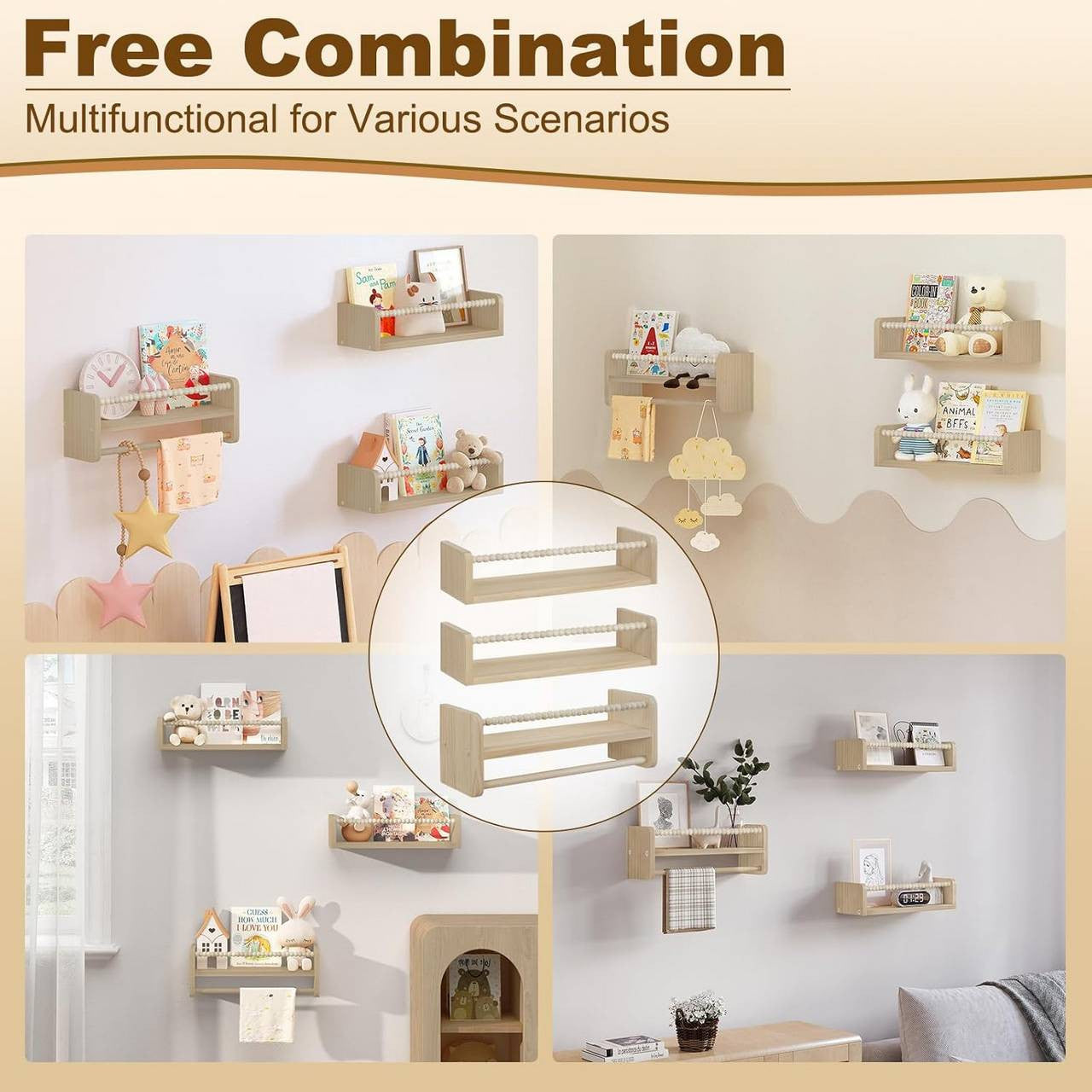 WOLTU 3-Piece Solid Pine Wood Floating Wall Shelves for Kids' Books & Toys