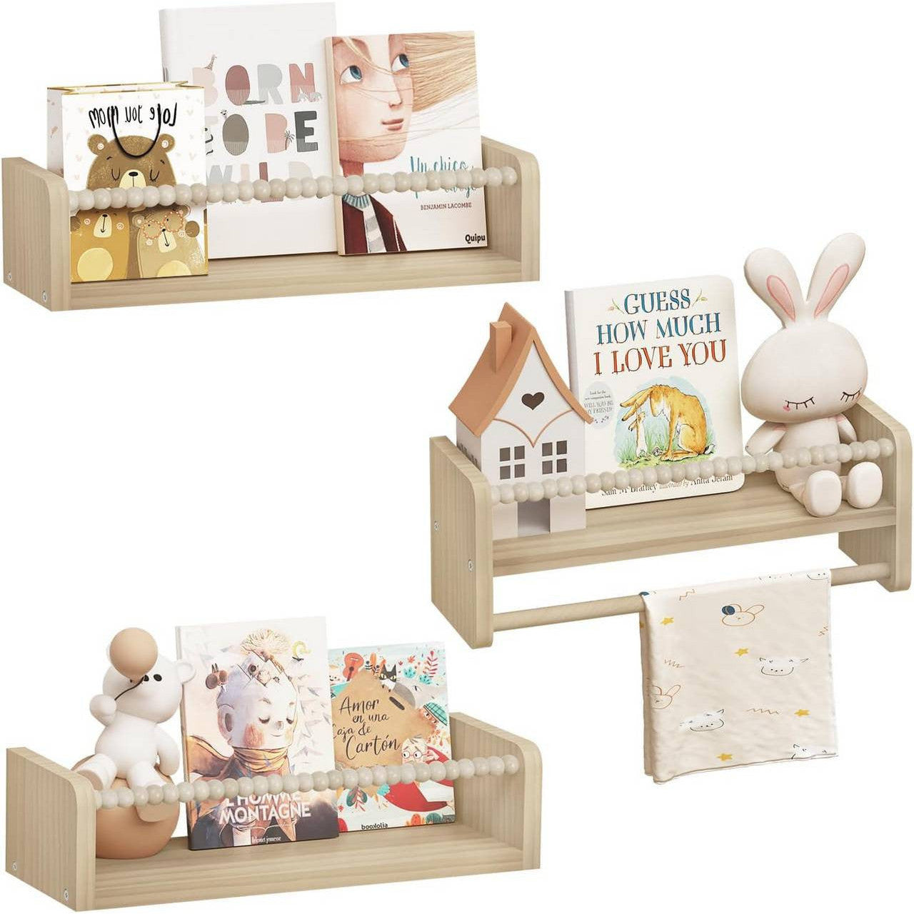 WOLTU 3-Piece Solid Pine Wood Floating Wall Shelves for Kids' Books & Toys