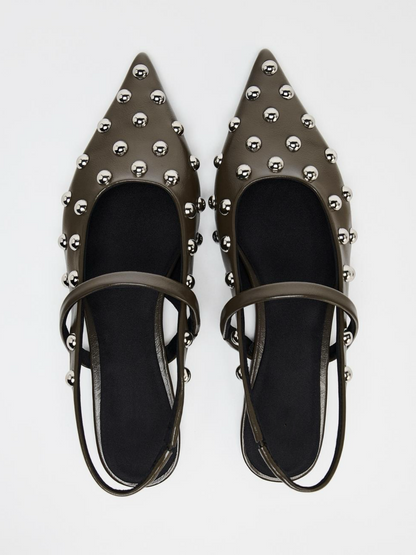 Brown Pointed-Toe Bridge Strap Slingback Studded Vegan Leather Flats