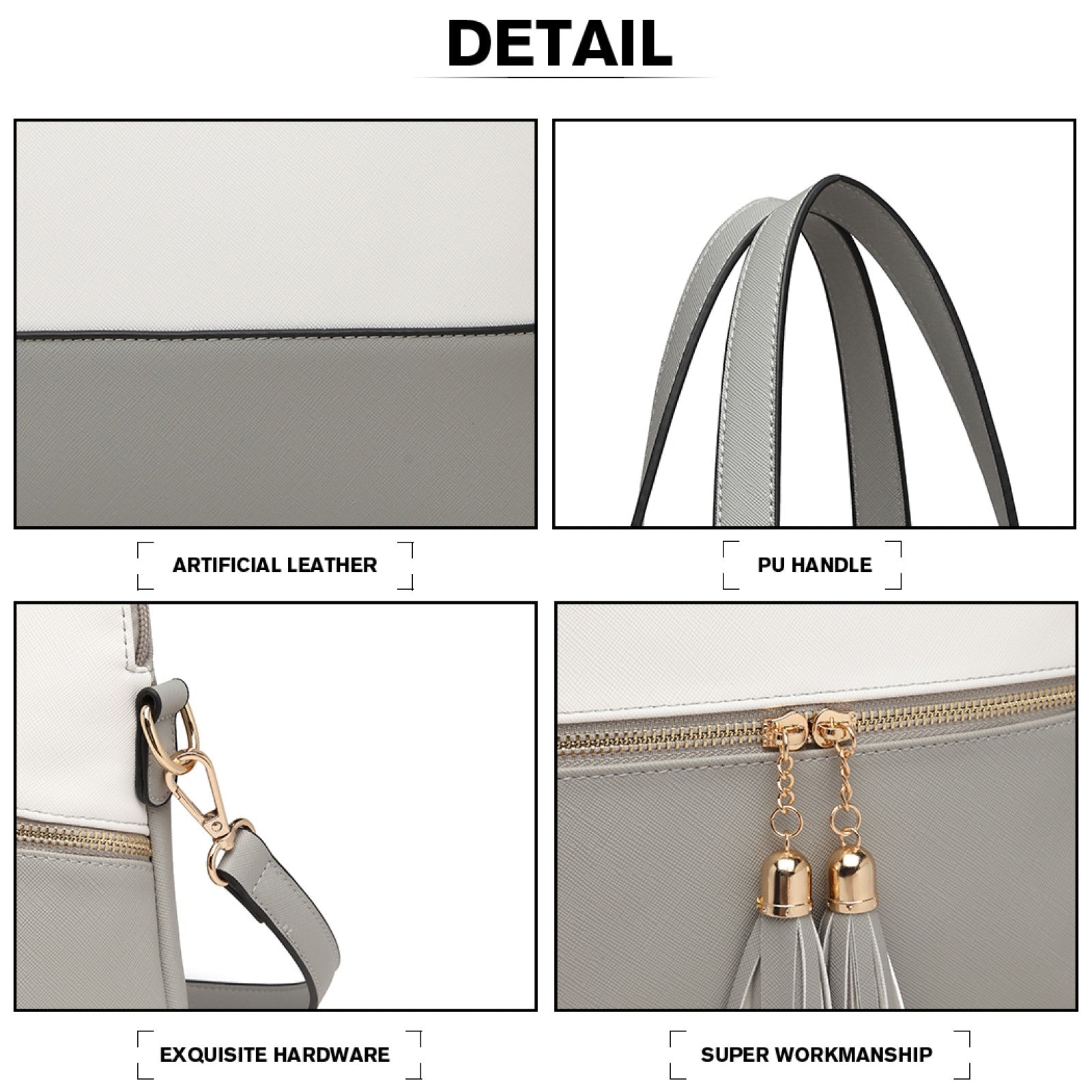 Miss Lulu Elegant 3-Piece Faux Leather Tote Bag Set Grey White