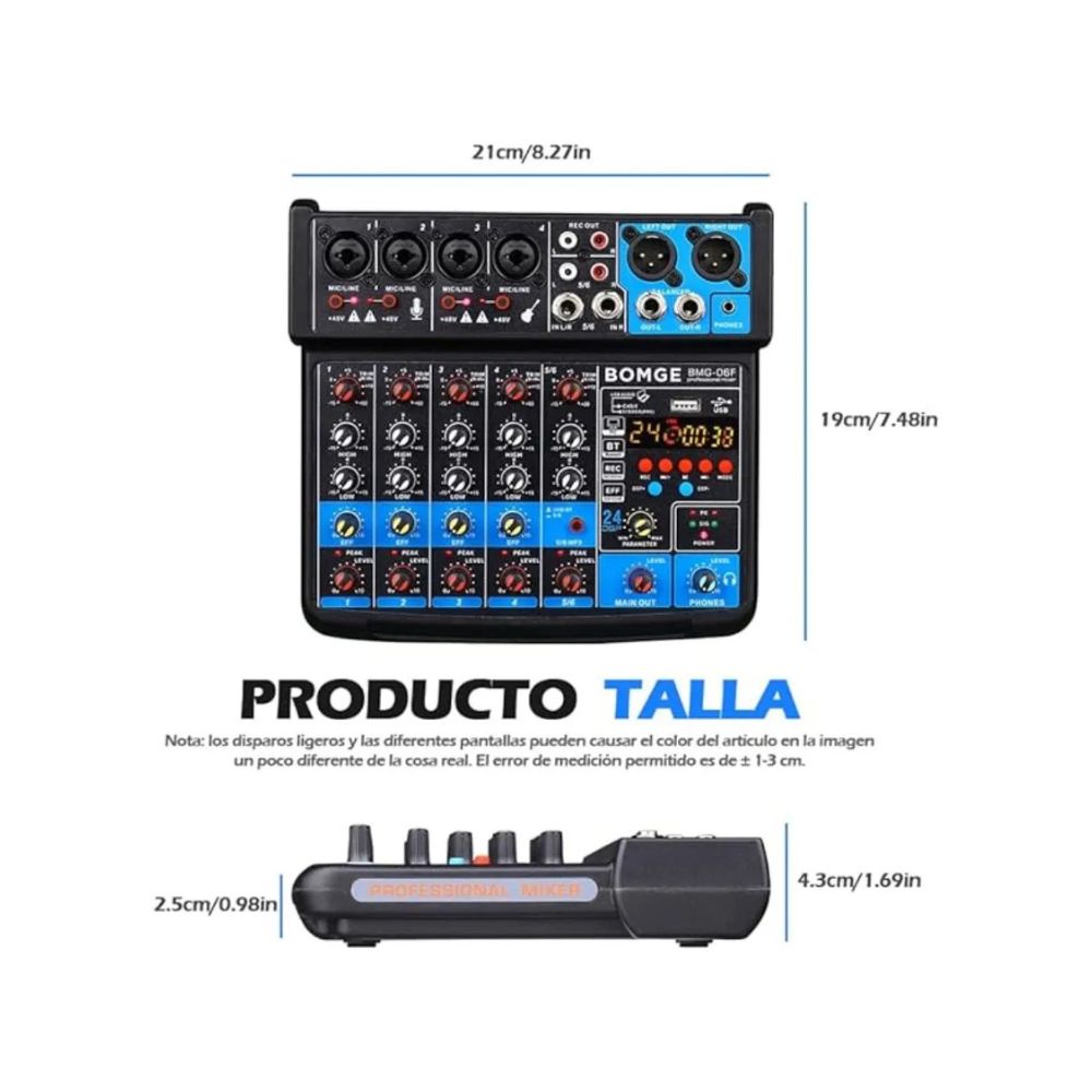 BOMGE 6 Channel Audio Mixer with USB Bluetooth Phantom Power