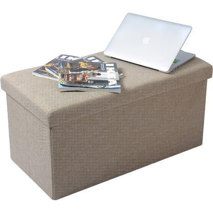 Beige Linen Upholstered Storage Ottoman Bench, Folding Rectangular Footrest Seat