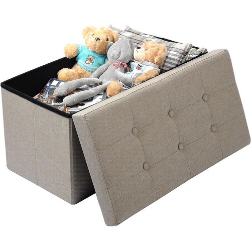 Beige Linen Upholstered Storage Ottoman Bench, Folding Rectangular Footrest Seat