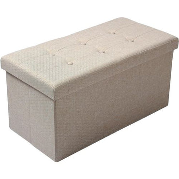 Beige Linen Upholstered Storage Ottoman Bench, Folding Rectangular Footrest Seat