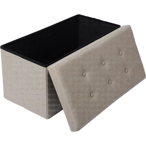 Beige Linen Upholstered Storage Ottoman Bench, Folding Rectangular Footrest Seat