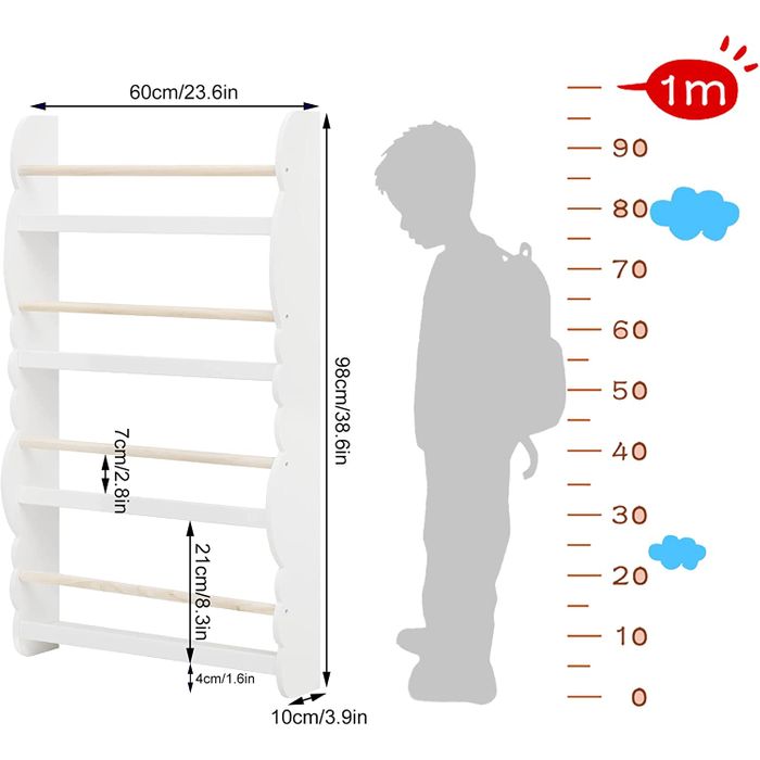 WOLTU Wall-Mounted 4-Tier Kids Wooden Bookshelf - Safe, Space-Saving Storage
