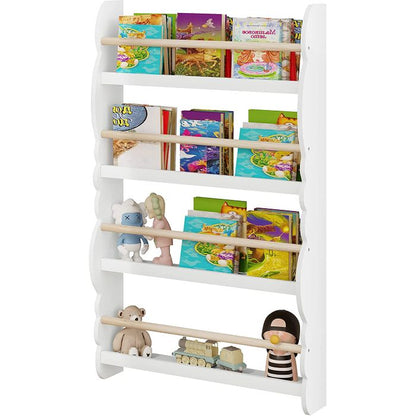 WOLTU Wall-Mounted 4-Tier Kids Wooden Bookshelf - Safe, Space-Saving Storage