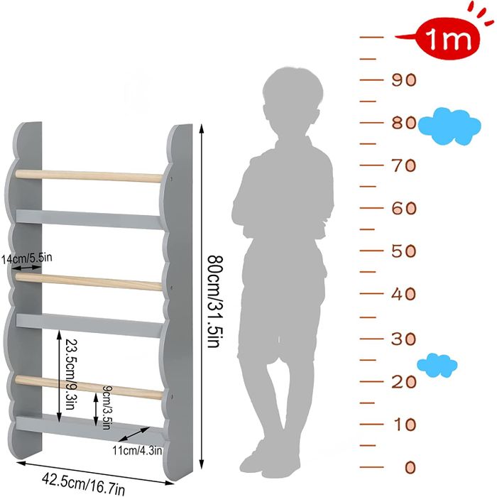 Versatile Grey Wooden Wall-Mounted 3-Tier Bookshelf for Kids' Books and Toys