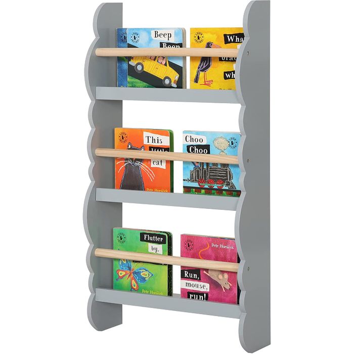 Versatile Grey Wooden Wall-Mounted 3-Tier Bookshelf for Kids' Books and Toys