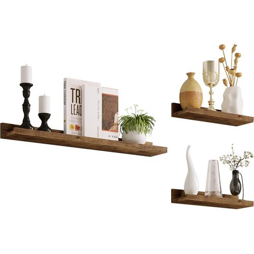 Set of 3 Vintage Brown MDF Floating Wall Shelves for Home Office Decor