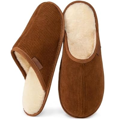 VeraCosy Men's Comfy Corduroy Memory Foam Scuff Slippers with Faux Shearling