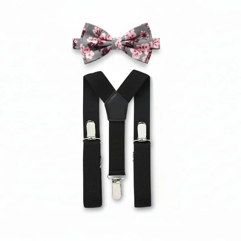 Black Suspenders & Grey Pink Floral Bow Tie Wedding Outfit - Gomix Brands Outlet