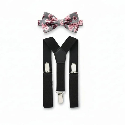 Black Suspenders & Grey Pink Floral Bow Tie Wedding Outfit - Gomix Brands Outlet
