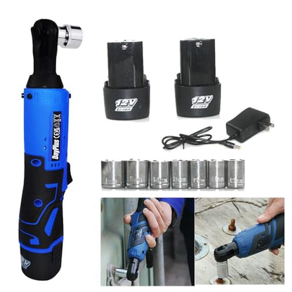 DayPlus 12V Battery Torque Wrench 3/8" Square Drive 40 Nm 2300 RPM 90° Right Angle 2 Batteries 7 Sockets
