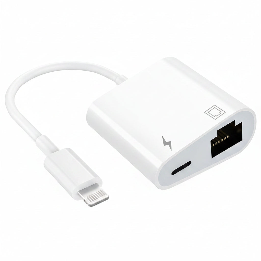 DESOFICON Lightning to Ethernet Adapter 2-in-1 RJ45 LAN Network with Charging Port for iPhone iPad White