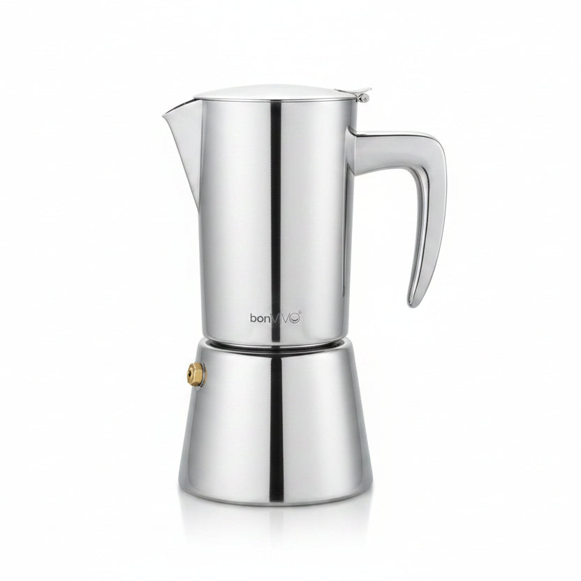BonVIVO Moka Pot 6 Cup Stainless Steel Espresso Maker Silver Chrome