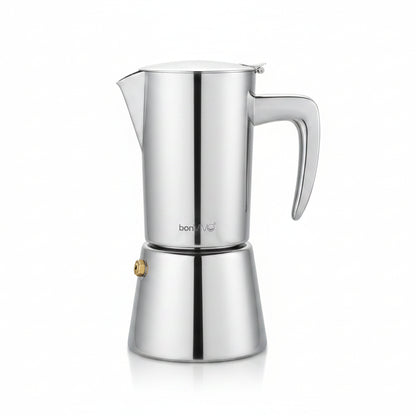 BonVIVO Moka Pot 6 Cup Stainless Steel Espresso Maker Silver Chrome