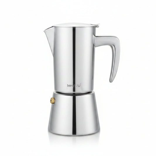BonVIVO Moka Pot 6 Cup Stainless Steel Espresso Maker Silver Chrome